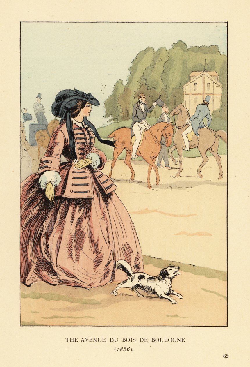 Woman in bonnet, jacket and wide crinoline with dog watching horse riders and carriages on the riding track. The avenue du Bois de Boulogne, Paris by François Courboin