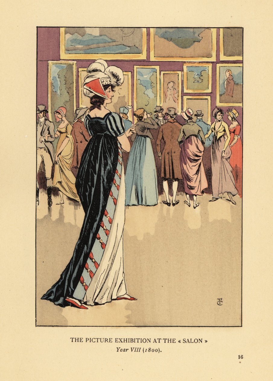 Woman in Fashionable Dress at the Picture Exhibition at the Paris Salon, Academie des Beaux-Arts, Year VIII by François Courboin