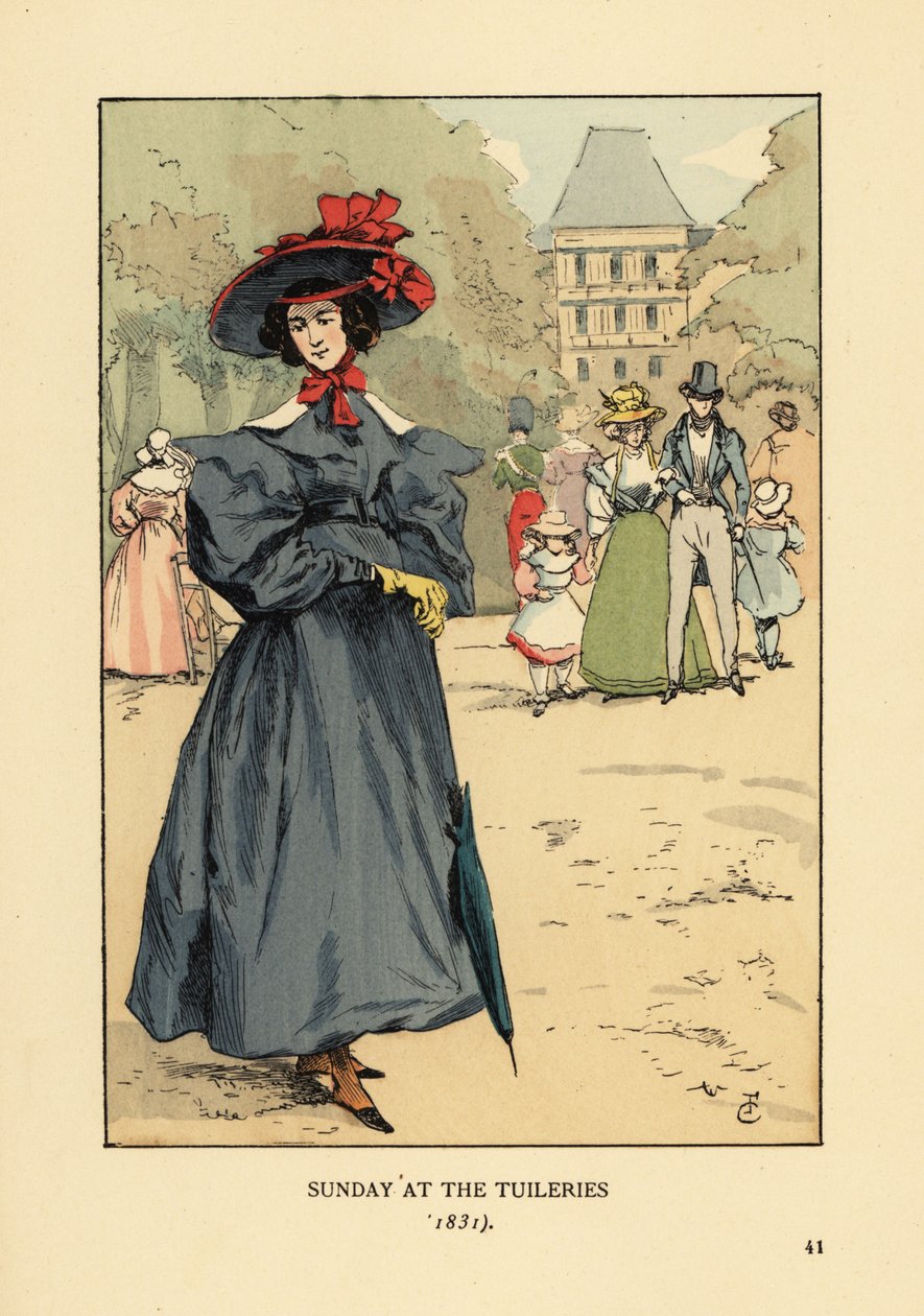 Woman promenading in Sunday Best in the park. She wears a wide-brim hat, dress with full sleeves, ankle boots and carries a parasol. Sunday at the Tuileries Garden by François Courboin