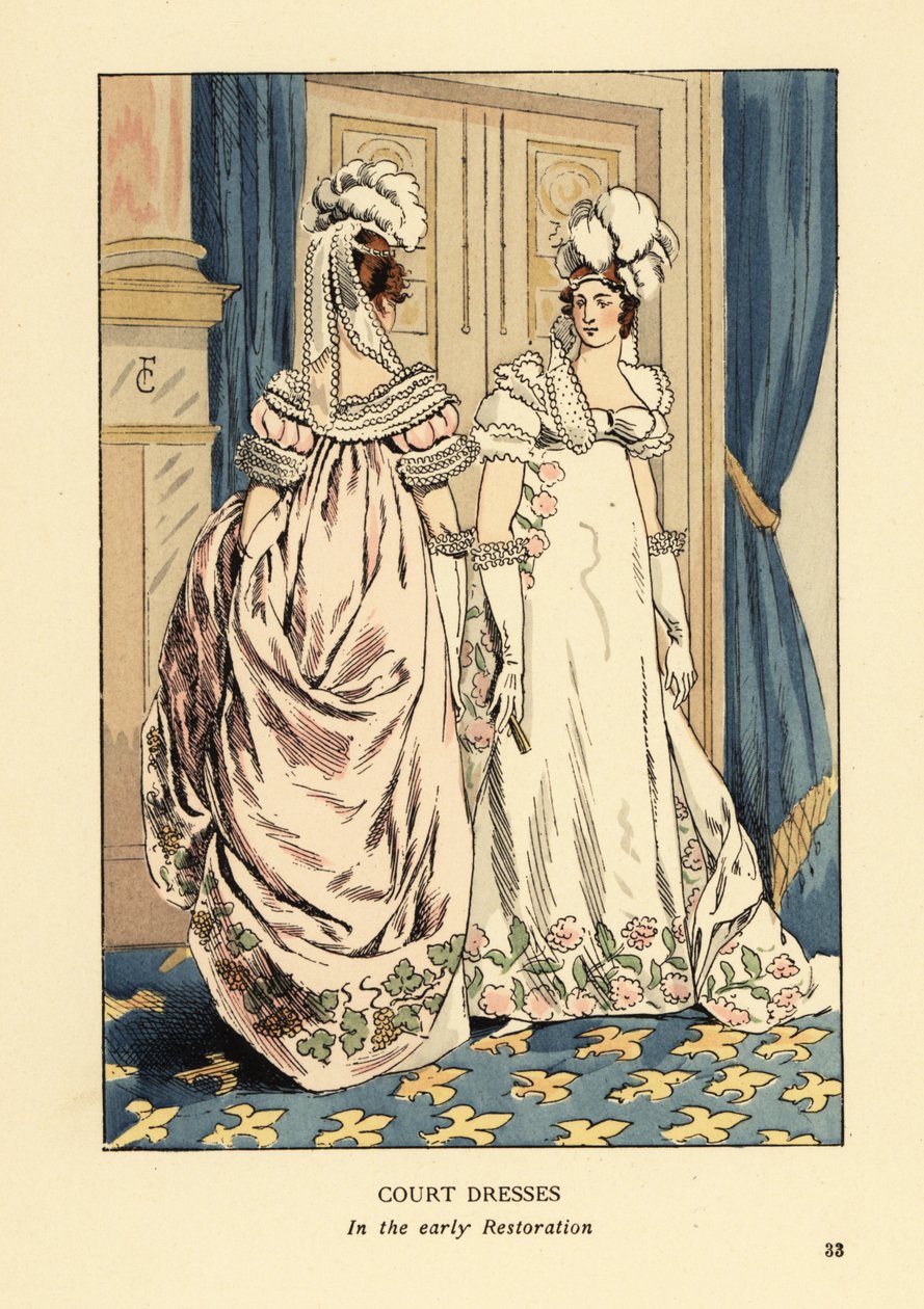 Women in feather headdresses and luxurious embroidered dresses, court of King Louis XVIII, circa 1817. Interior with blue curtains and fleur de lys carpet. Court dresses in the early Restoration, Paris. Handcoloured lithograph by R.V. after an illustration by François Courboin