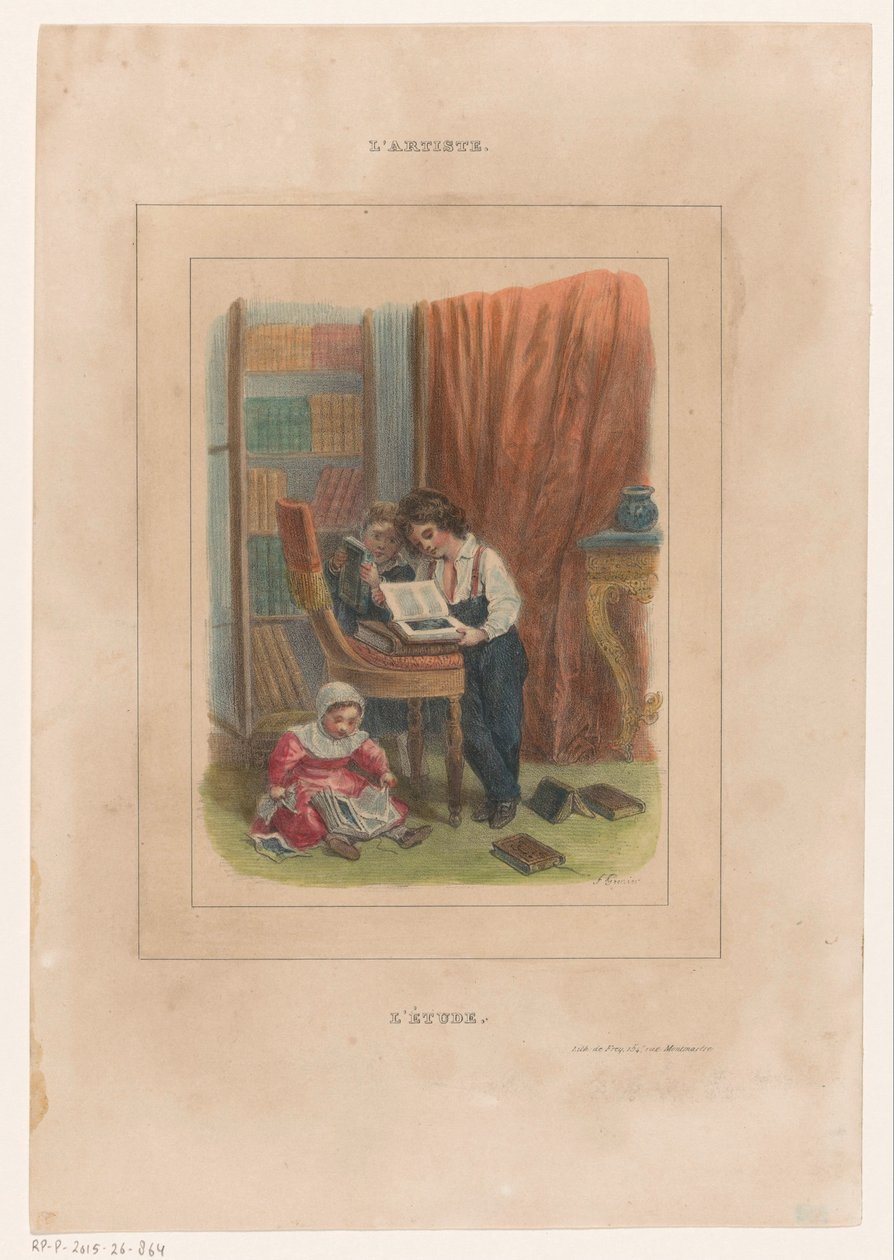 Three Children Looking at Books (title on object: L