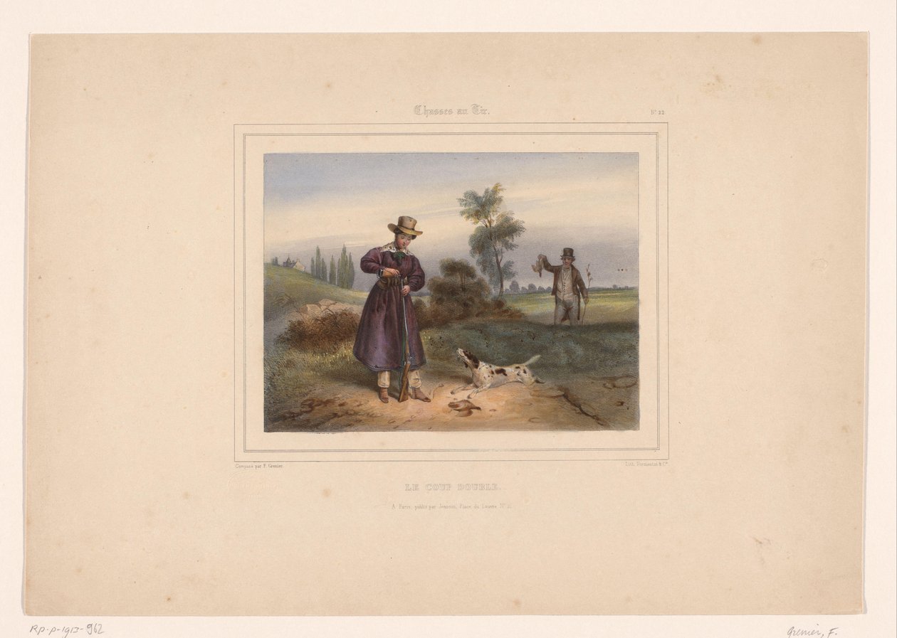Huntress Reloading Gun After Shooting Two Partridges (The Double Shot) (Hunters with Guns) (Hunting with Guns) by François Grenier