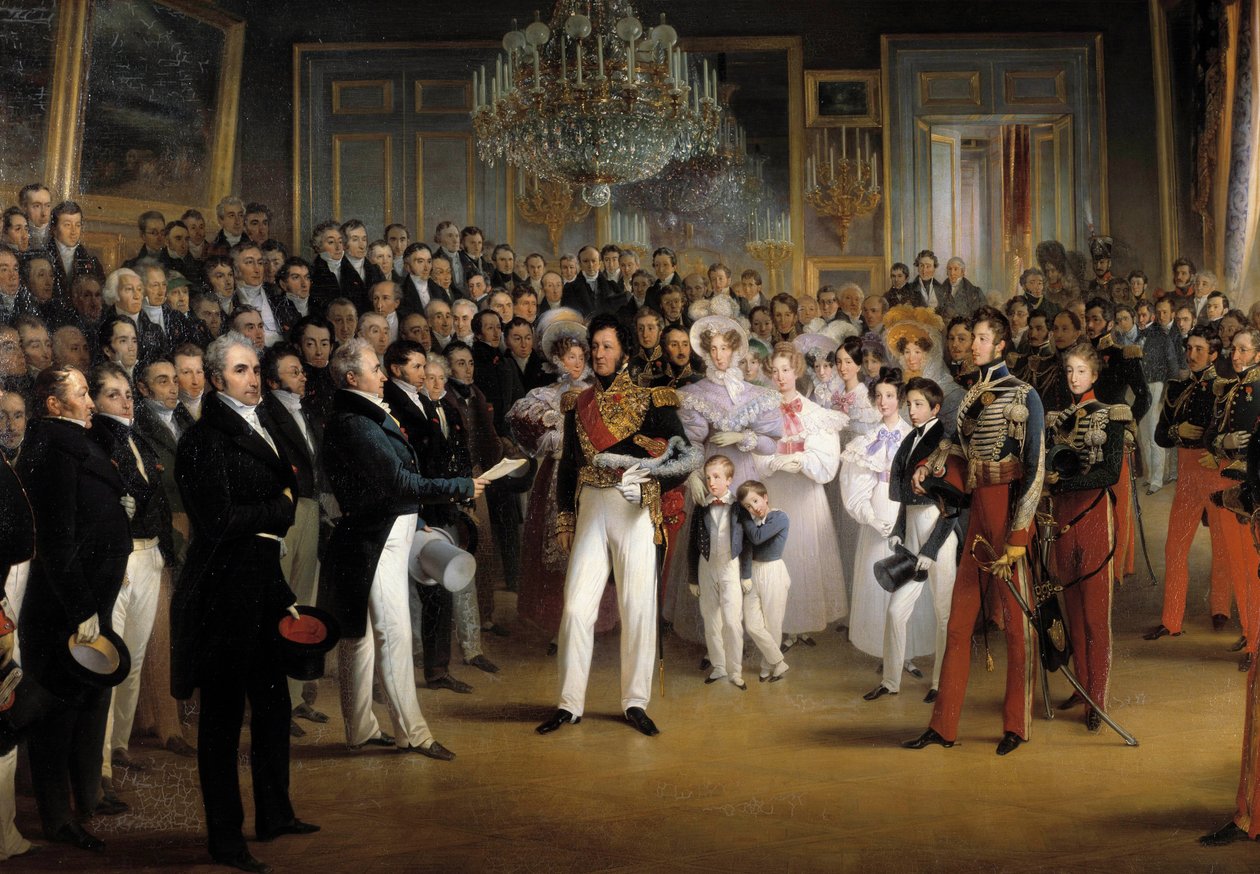 Revolution of 1830: The Chamber of Deputies presents to the Duke of Orleans, Louis Philippe I, the act that calls him to the throne and the Charter of 1830, at the Royal Palace, on 7/08/1830 (detail) by François Joseph Heim