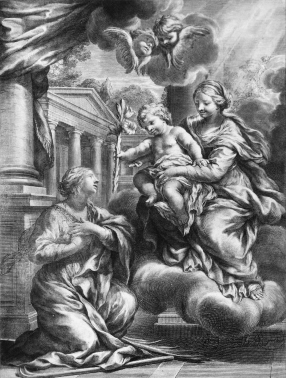 Saint Martina kneeling before the Virgin and Child, as the Child offers her a lily by François Spierre