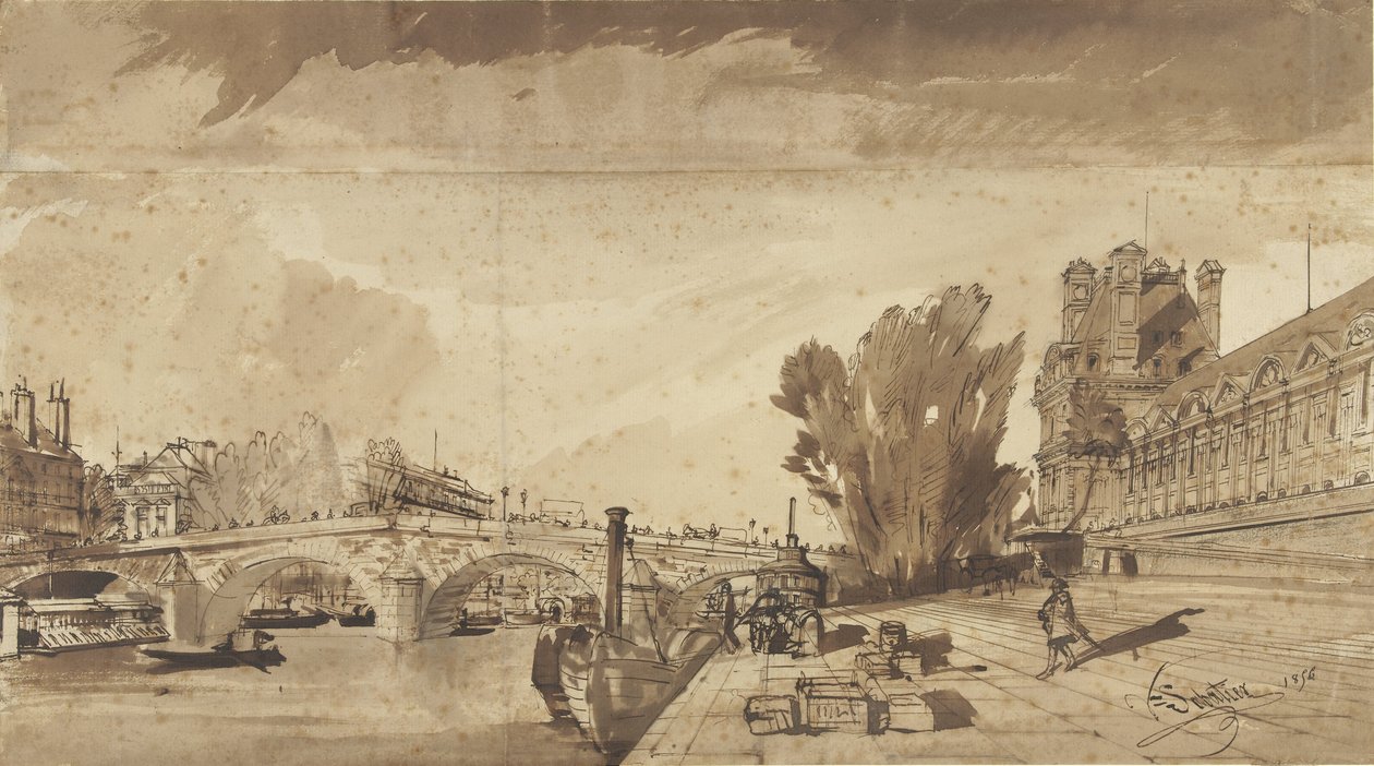 The Seine and the Pont Royal; Right the Pavillon de Flore and a Wing of the Louvre by François Victor Sabatier