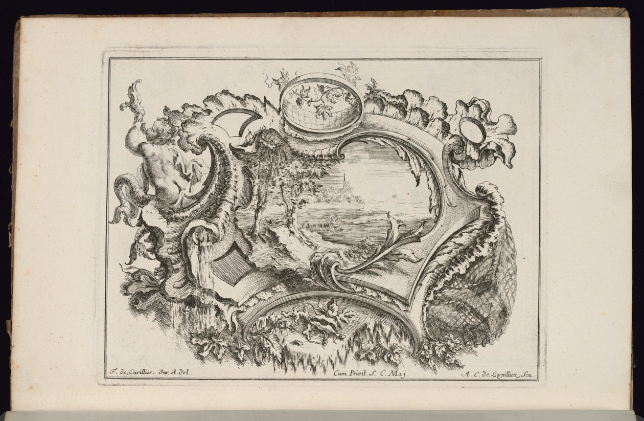 Cartouche with Putto Blowing Conch, Livre de Cartouches Irréguliers (Book of Irregular Cartouches) by François de Cuvilliés the Elder