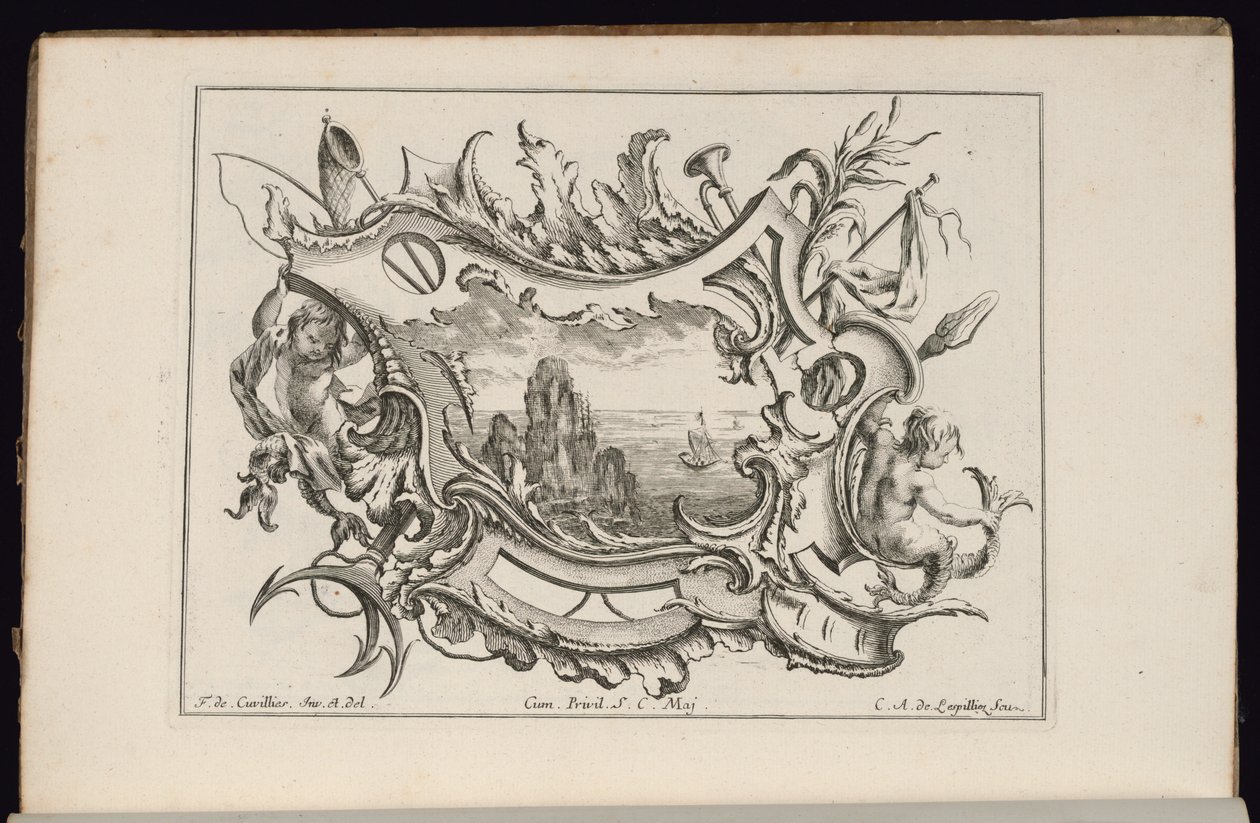 Cartouche with Young Tritons, Book of Irregular Cartouches by François de Cuvilliés the Elder