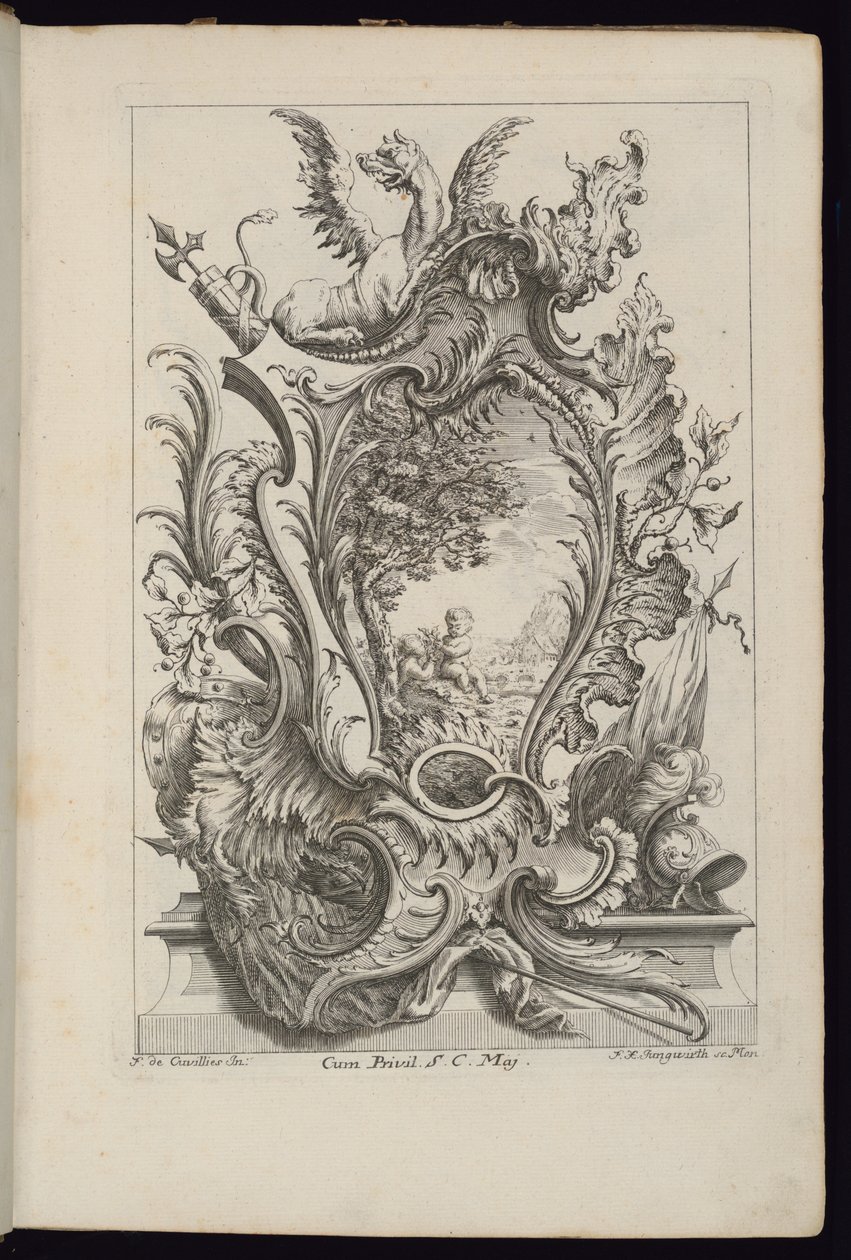 Cartouche with a Dragon and Armorial Trophy, Book of Cartouches for Different Uses by François de Cuvilliés the Elder