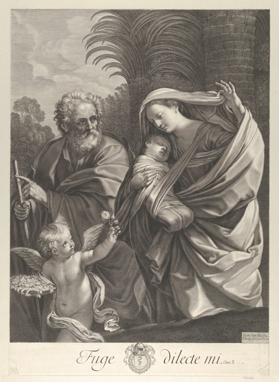 The Flight into Egypt, the Holy Family walking together, Saint Joseph pointing to t... by François de Poilly