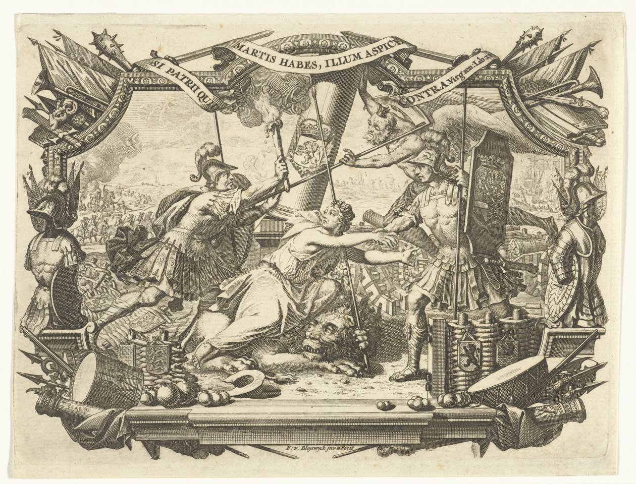 Dutch Maiden Attacked by Soldier and Protected by Father Time in a Frame with Trophies of Arms by François van Bleyswijck