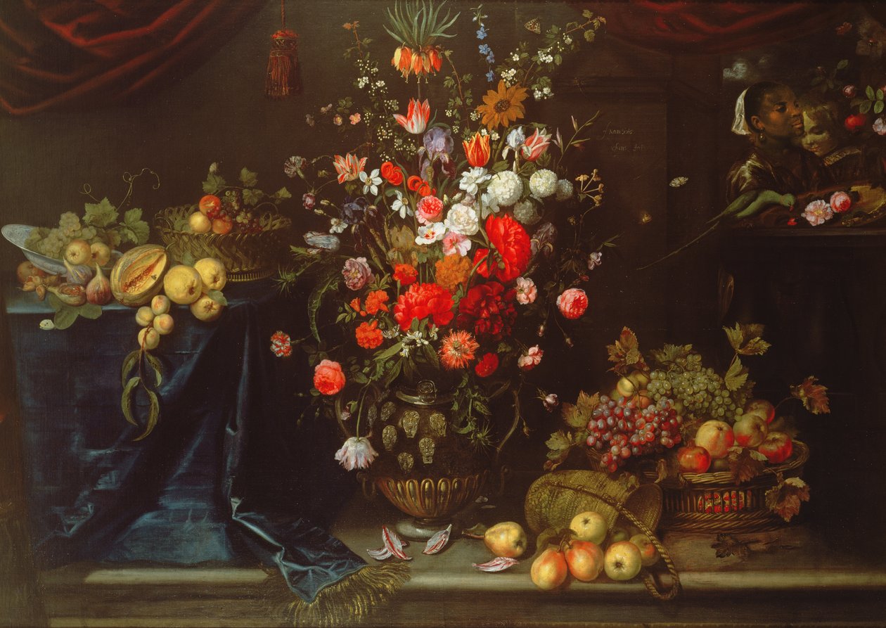 A Still Life of Summer Flowers in a Sculpted Urn by Eykens or Ijkens Ykens