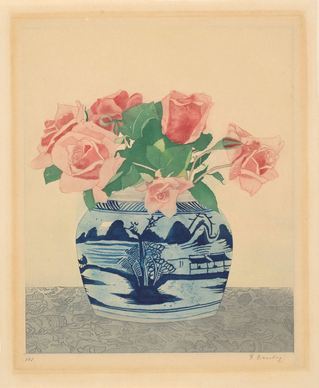Pink Roses in a Ginger Pot with Chinese Decorations by Frans Everbag (signed by artist)