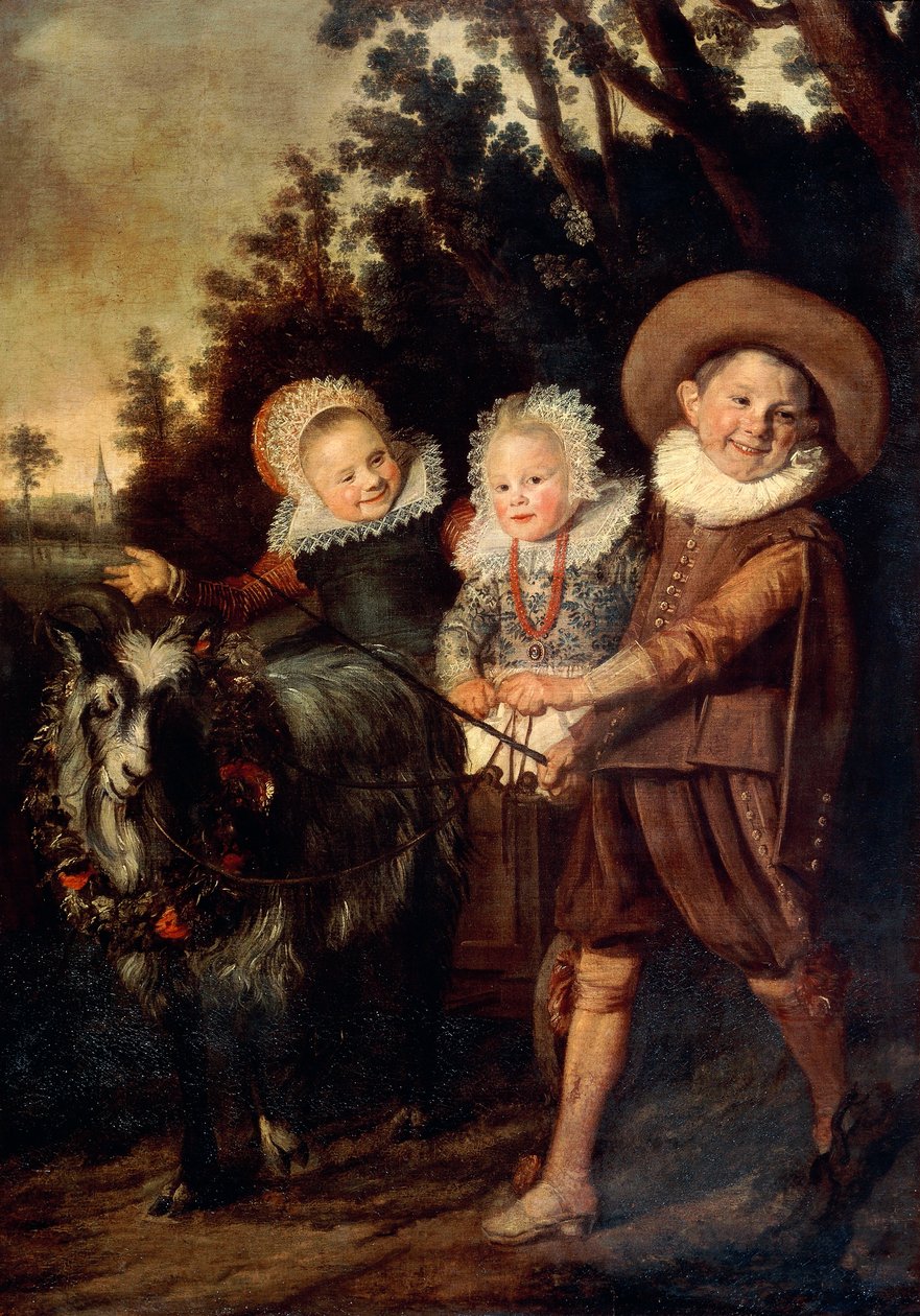 Three children with goat cart by Frans Hals