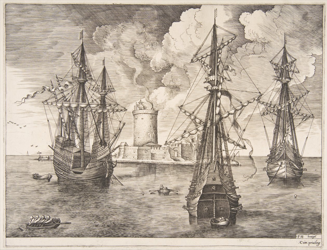 Four-master and Two Three-masters Anchored near a Fortified Island (from The Sailing Vessels) by Frans Huys