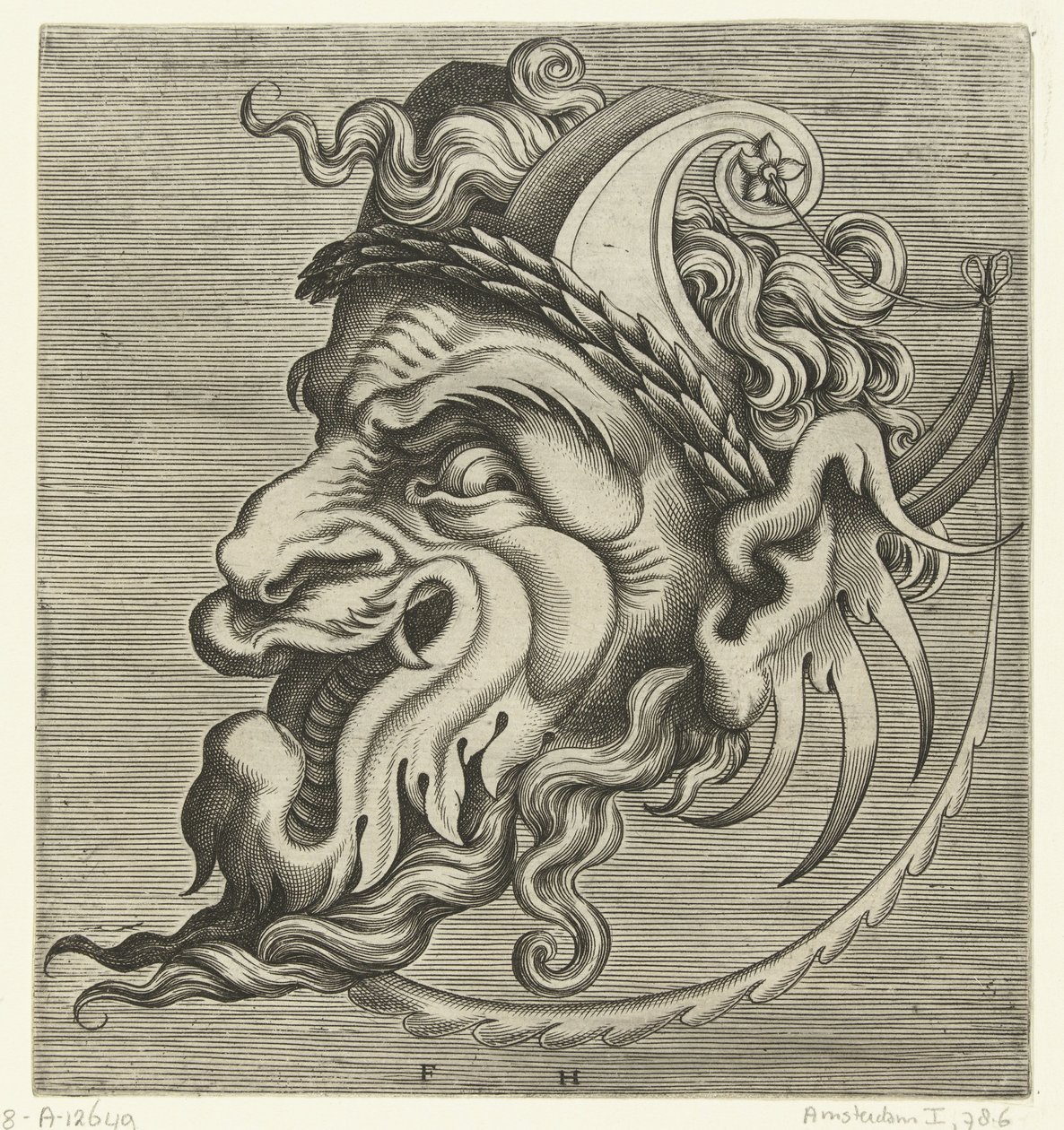 Mask in Profile with Two Horns of Strapwork and a Laurel Wreath by Frans Huys