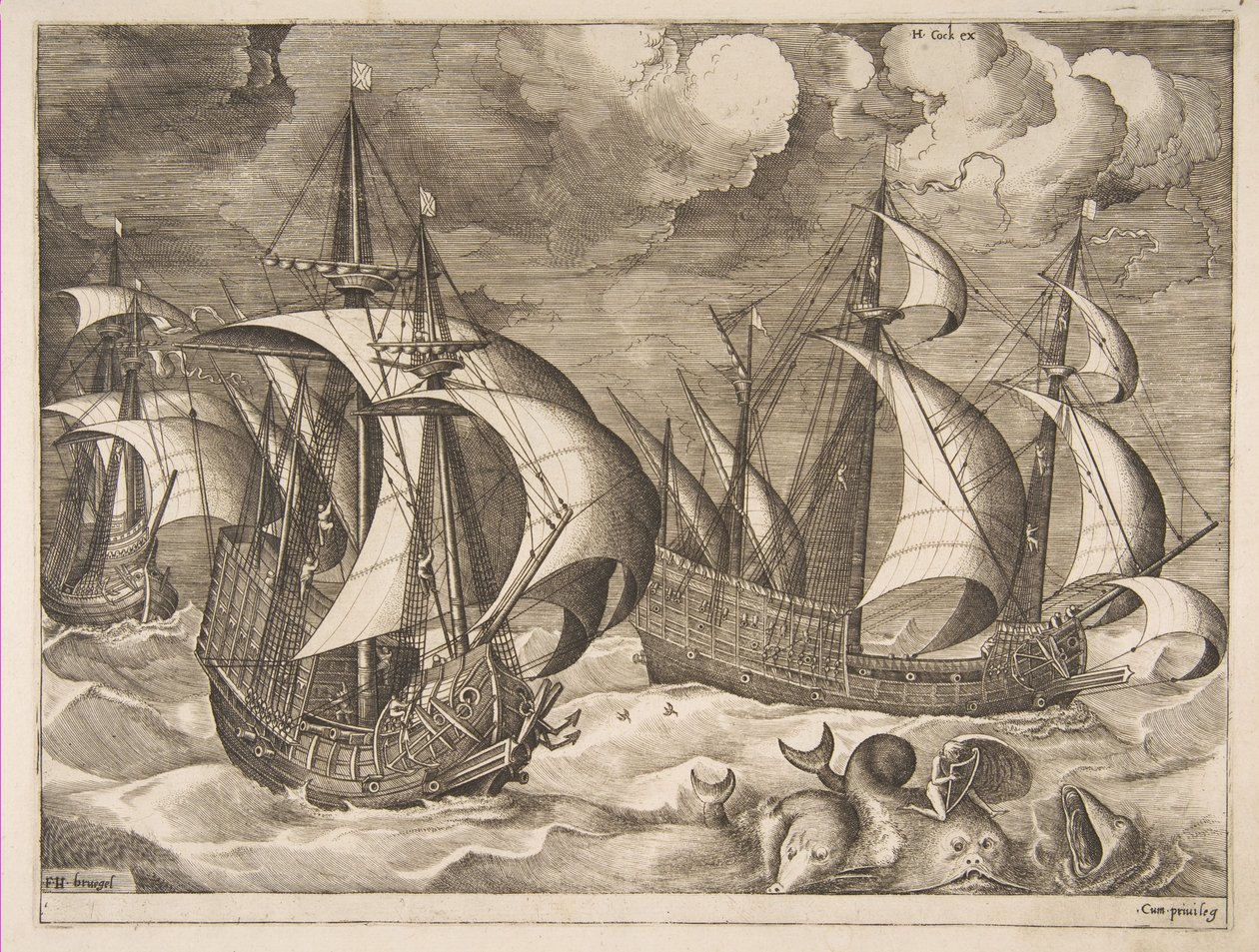 Three Caravels in a Rising Squall with Arion on a Dolphin from The Sailing Vessels, 1561-65 by Frans Huys