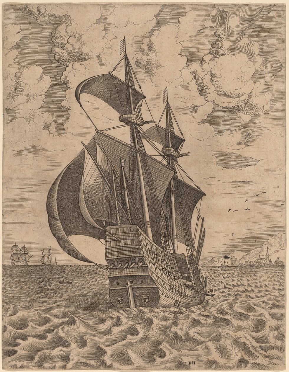 Armed Four-Master Sailing towards a Port by Frans Huys after Pieter Bruegel the Elder