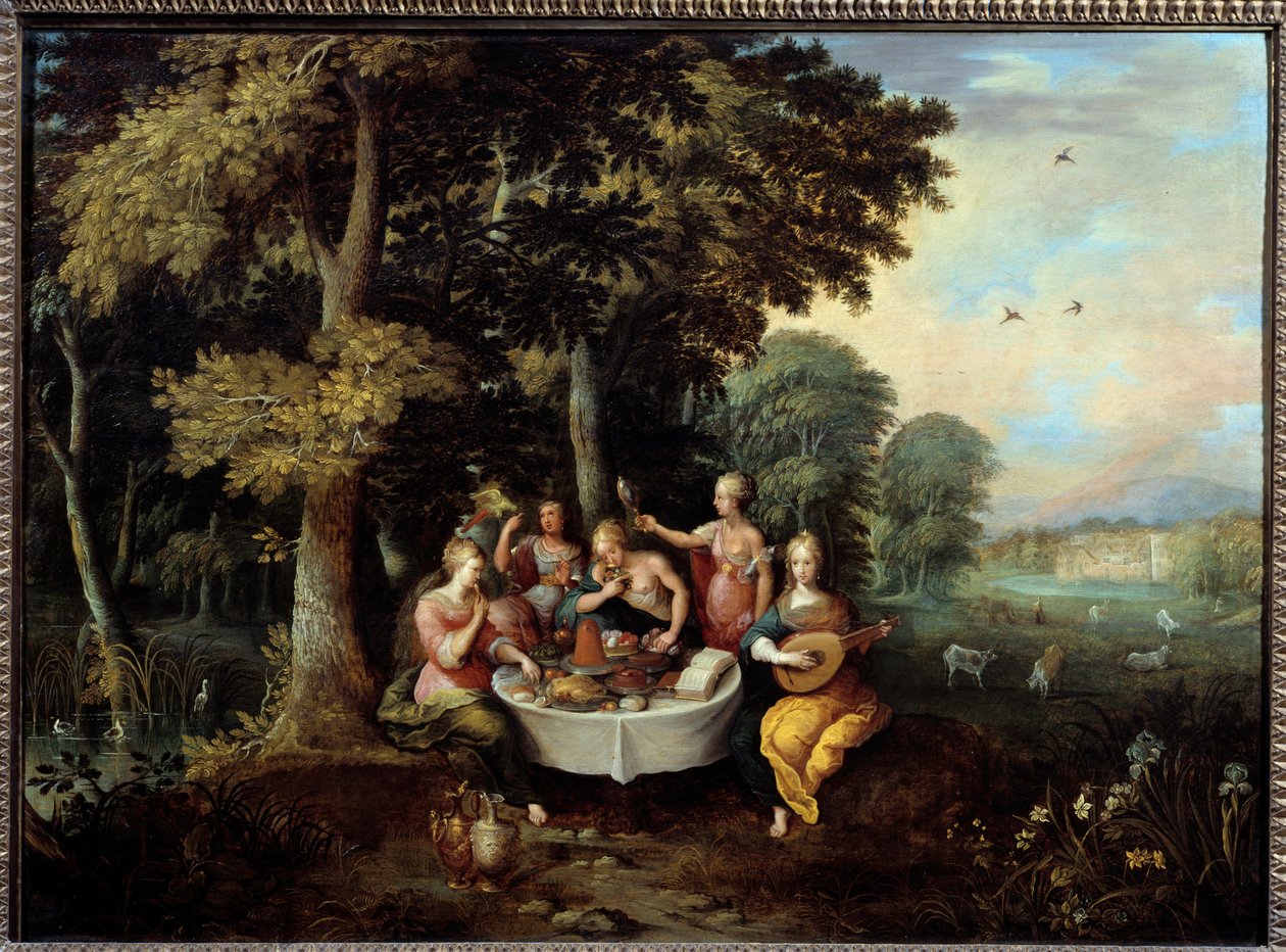 The Five Senses: Young Women in a Landscape with Banquet (Taste), Music (Hear), Mirror (View), Bouquet of Flowers (Smell) and Caress (Touch). Painting by Franz Francken II (1581-1642) by Frans II Francken