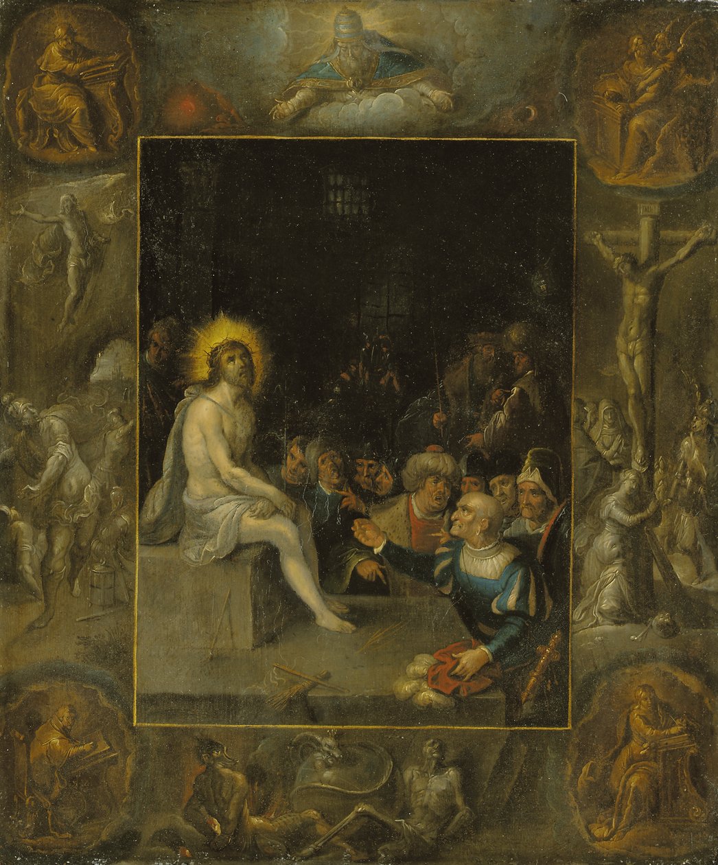 The Mocking of Christ, in a Grisaille Surround Depicting God the Father, the Evangelists, The Crucifixion, The Resurrection and The Devil and Death with the Crowned Serpent by Frans II the Younger Francken