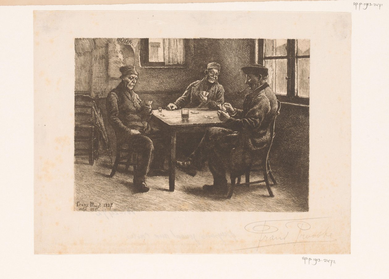 Three Men Playing Cards in a Café by Frans Proost (signed by artist)