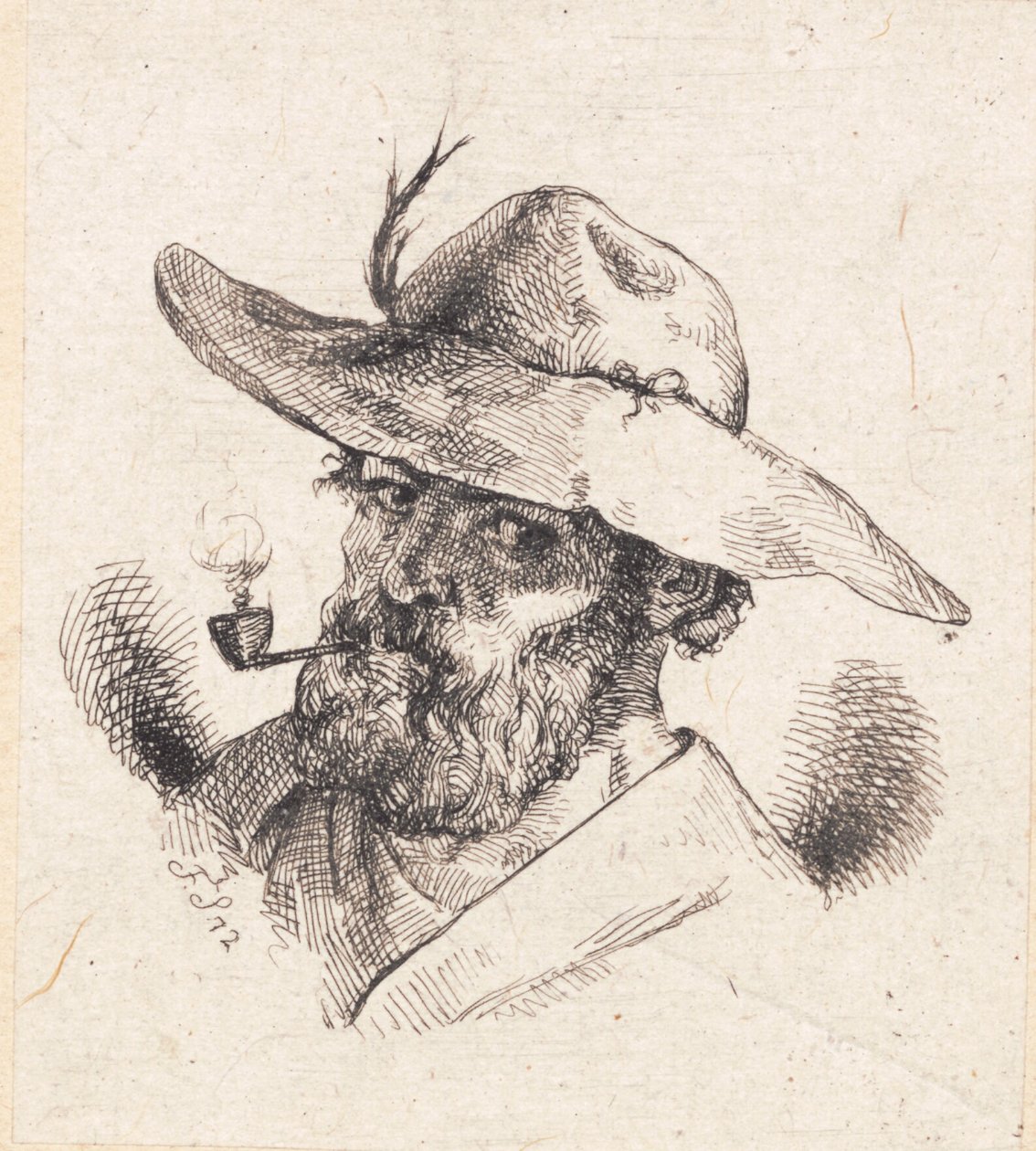 Head of a Bearded Man with a Wide-Brimmed Hat and Pipe by Frans Schwartz