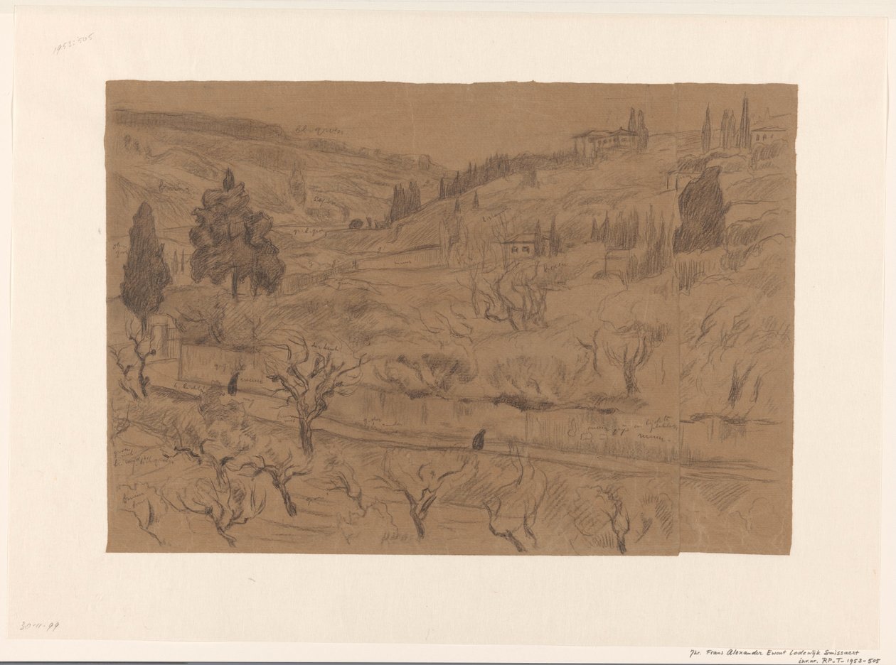 Italian Hill Landscape with Houses and Trees by Frans Alexander Evert Lodewijk Smissaert