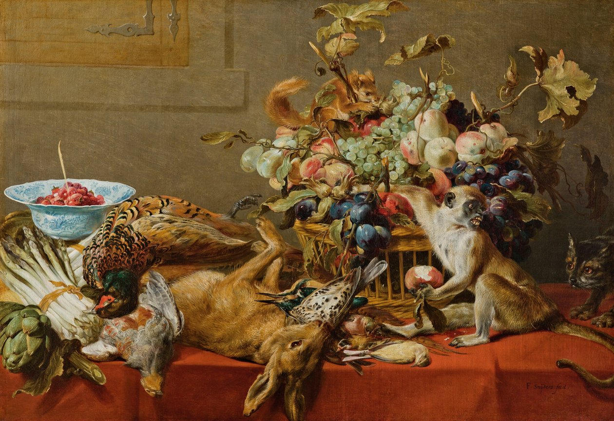 Still Life with Fruit, Dead Game, Vegetables, a Live Monkey, Squirrel and Cat by Frans Snyders
