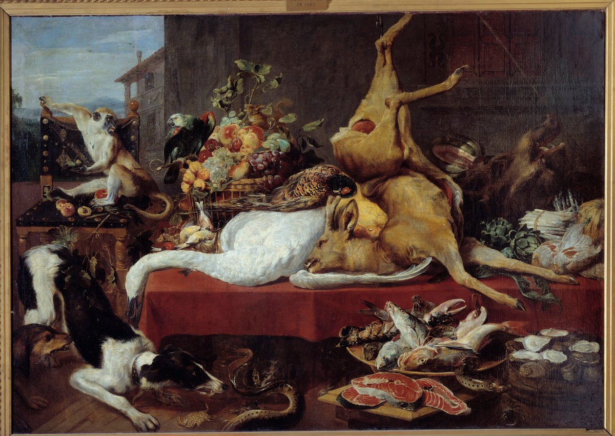 Still life with deer game (pheasant, goose, deer), slice of fish, crab, legumes by Frans Snyders