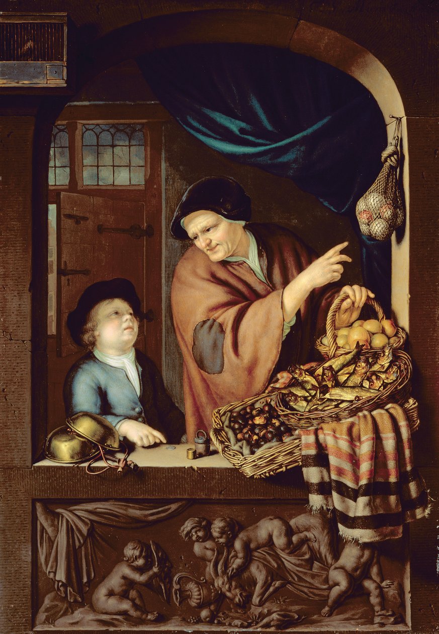 The Chesnut and Kipper Seller by Frans van Mieris