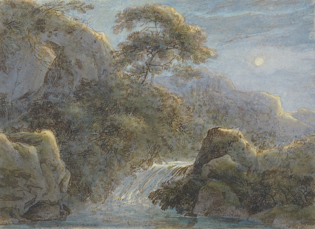 Waterfall in the Mountains by Moonlight by Franz Innocenz Kobell