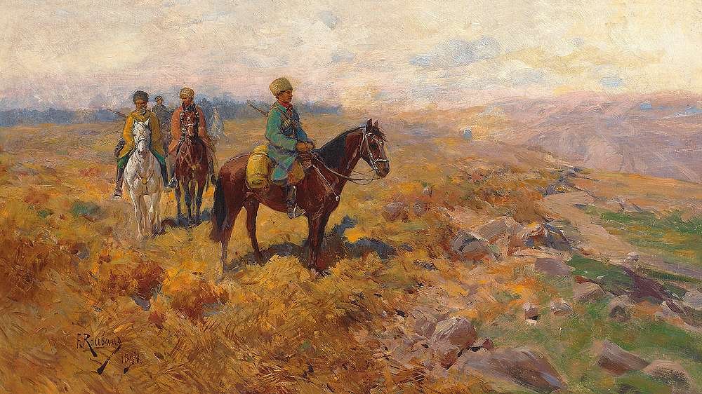 Armed Caucasian Riders on Patrol by Franz Roubaud