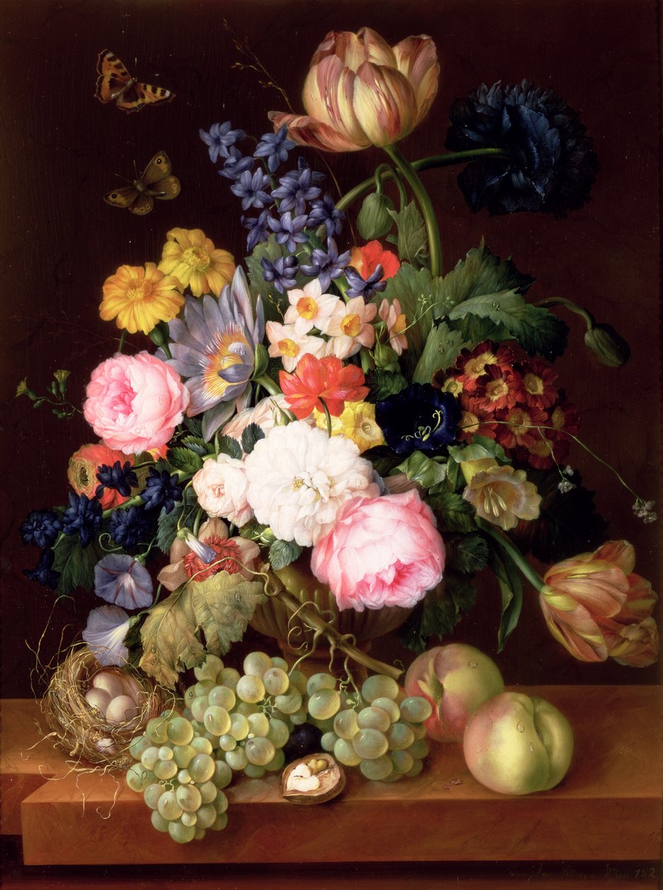 Flowers and fruit with a bird