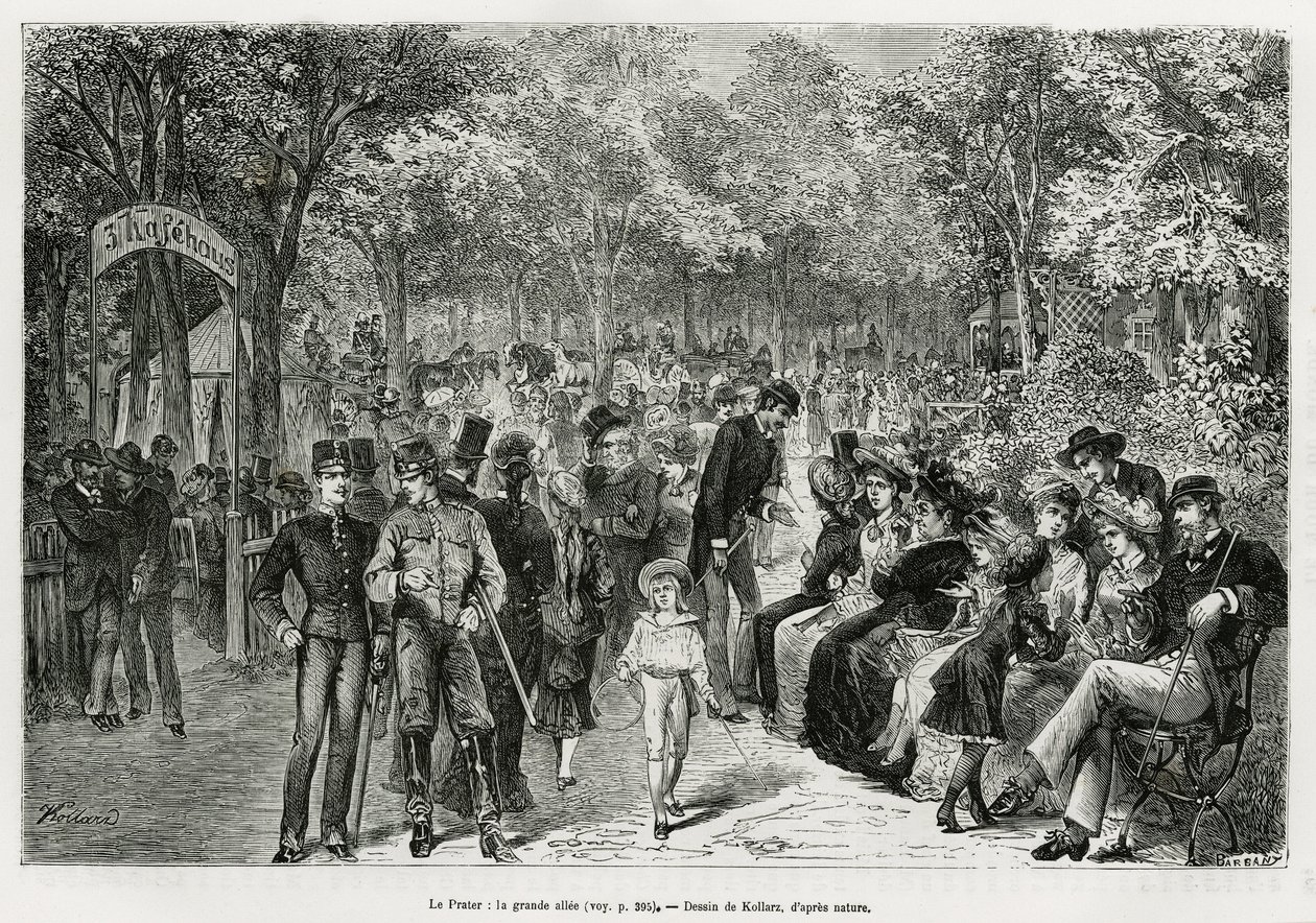 The Prater: the great walkway. Engraving by Kollarz, to illustrate the story Vienna and its suburbs, by M. Newlinski, in 1881, published in the Tour du monde, under the direction of Edouard Charton (1807-1890) by Franz (after) Kollarz