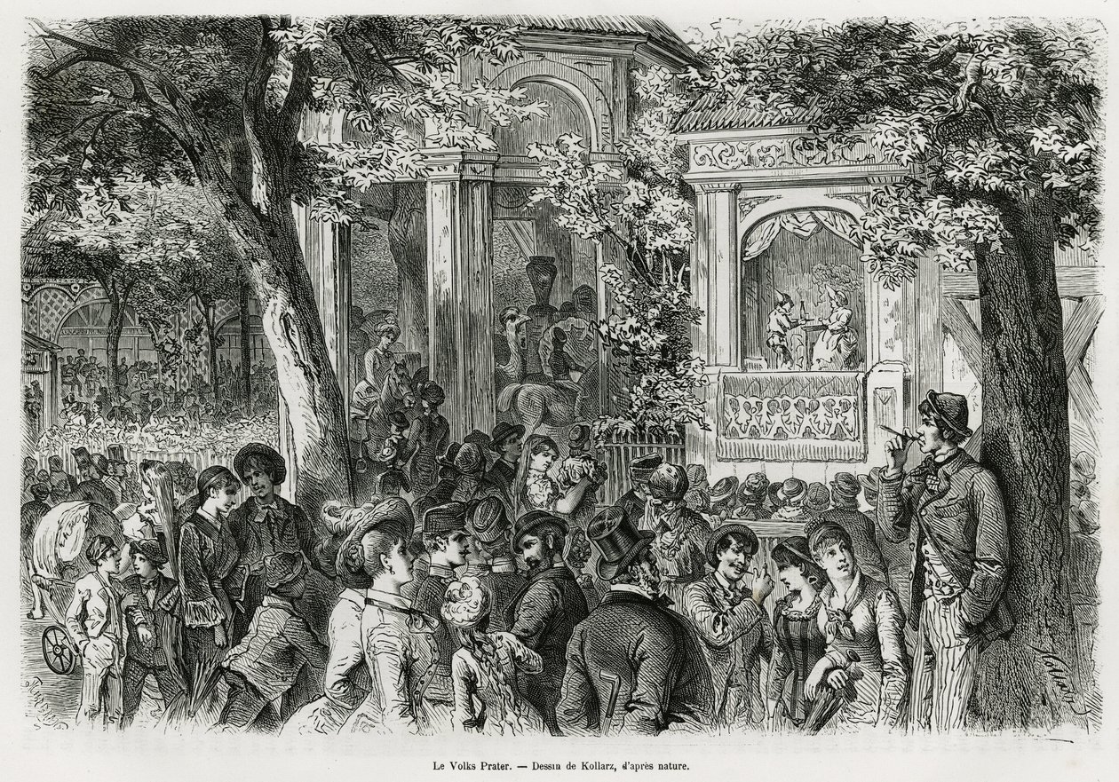 The Volks Prater: popular part of the main Prater, offering numerous distractions, circus, orchestra and puppet show. Engraving by Kollarz, to illustrate the story Vienna and its suburbs, by M. Newlinski, in 1881, published in the Tour du monde by Franz (after) Kollarz