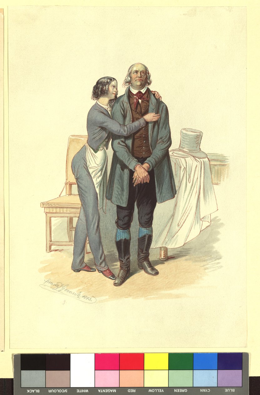 Ida Schuselka-Brüning as Baker Boy Georg and Carl Carl as Tenant Landry in "An Evening, a Night and a Morning in Paris" by Franz Gerasch