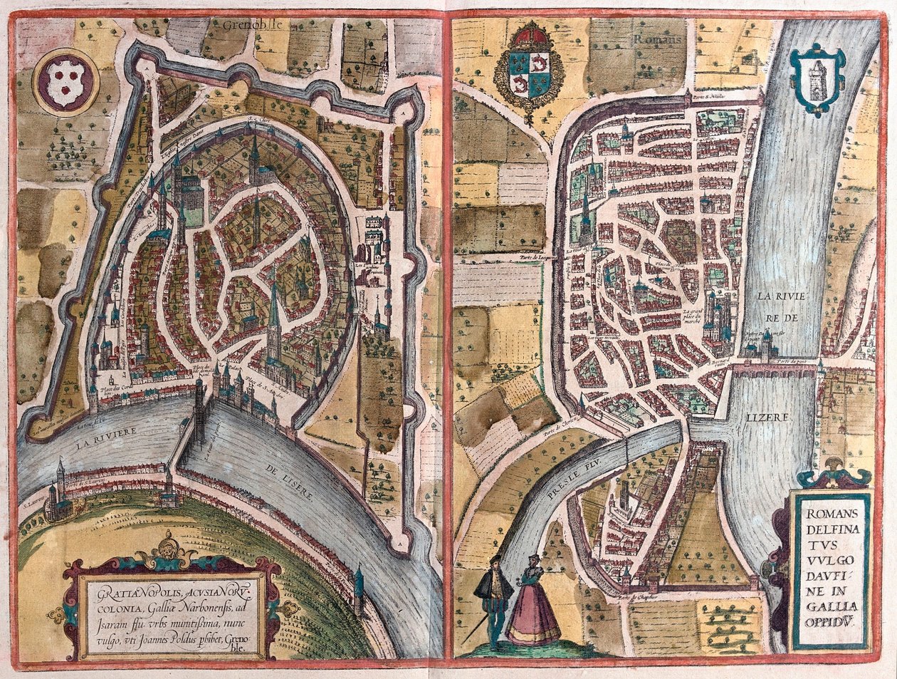Grenoble and Romans sur Ister, France (engraving) by Franz Hogenberg