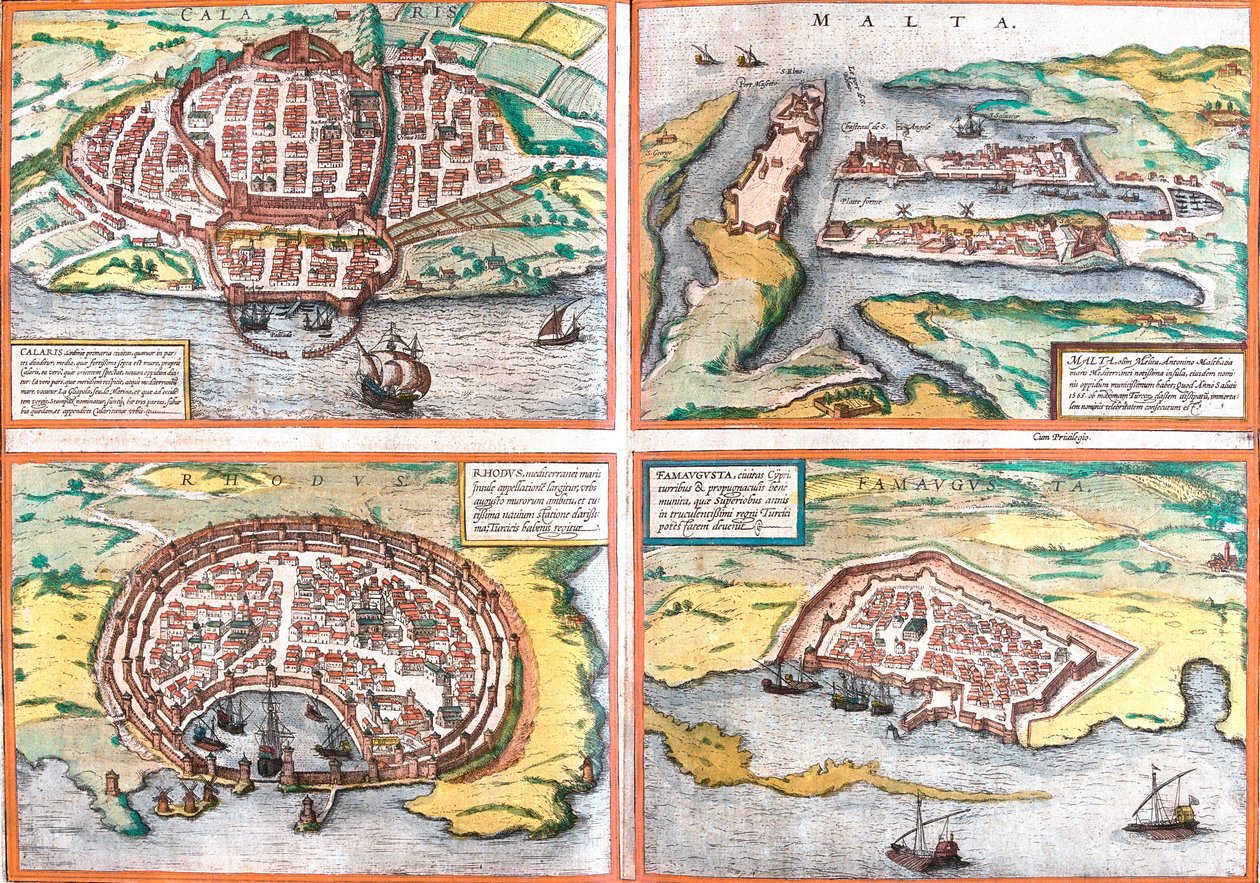 Plan of Cagliari (Calaris), Sardinia (Italy), Malta (Malta), Rhodes (Rhodus) and Famagusta (Famaugusta), Cyprus by Franz Hogenberg