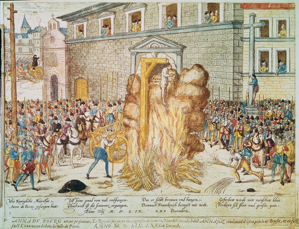 Religious war: execution of the French Protestant magistrate Anne du Bourg (1521-1559) on 23/12/1559 on Place de Greve in Paris by Franz Hogenberg