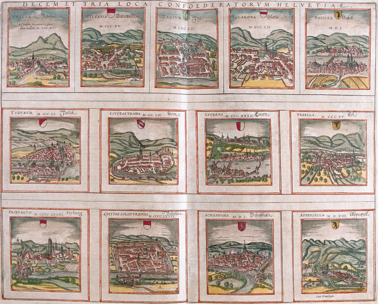 Views of the main cities of the Swiss Confederation: Schwytz, Zug, Glaris, Bale, Zurich, Bern, Lucerne, Uri, Fribourg, Solothurn, Schaffhausen by Franz Hogenberg