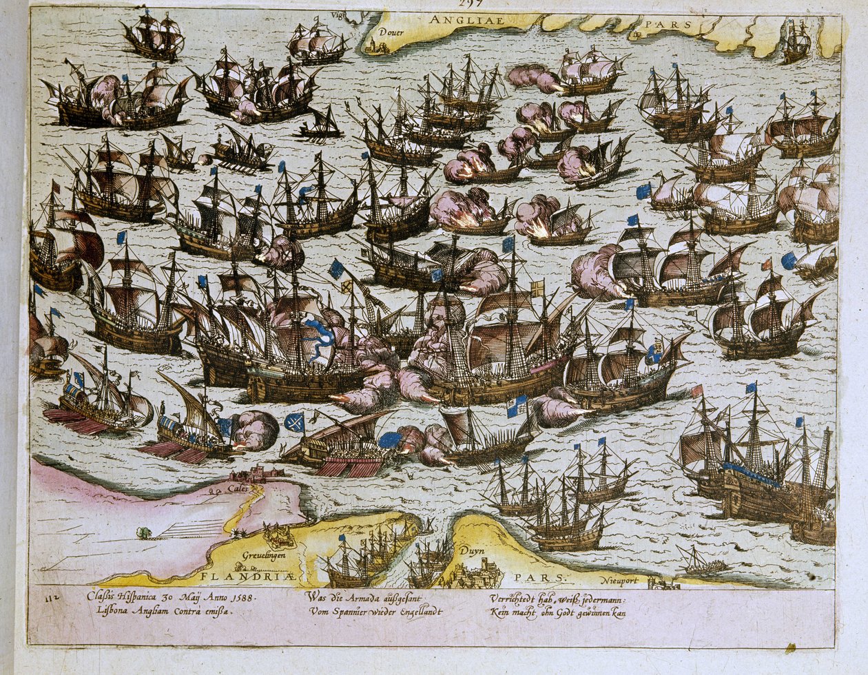 The Defeat of the Invincible Spanish Armada by the English Shores on 08/08/1588, Illustration from 1653 (engraving) by Franz Hogenberg