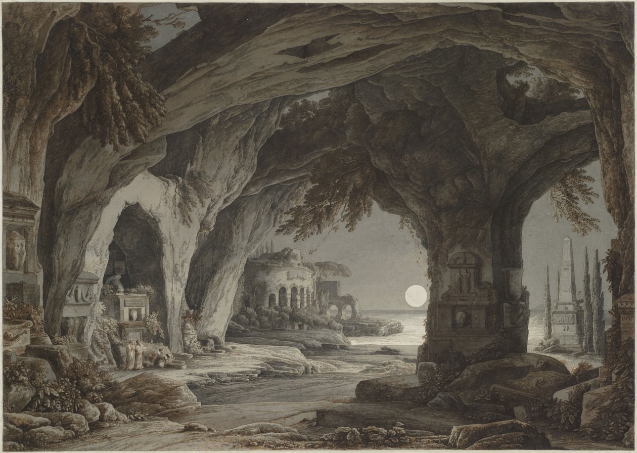Ideal landscape with rock grotto, tombs and ruins in the moonlight, c. 1790 by Franz Innocenz Josef Kobell