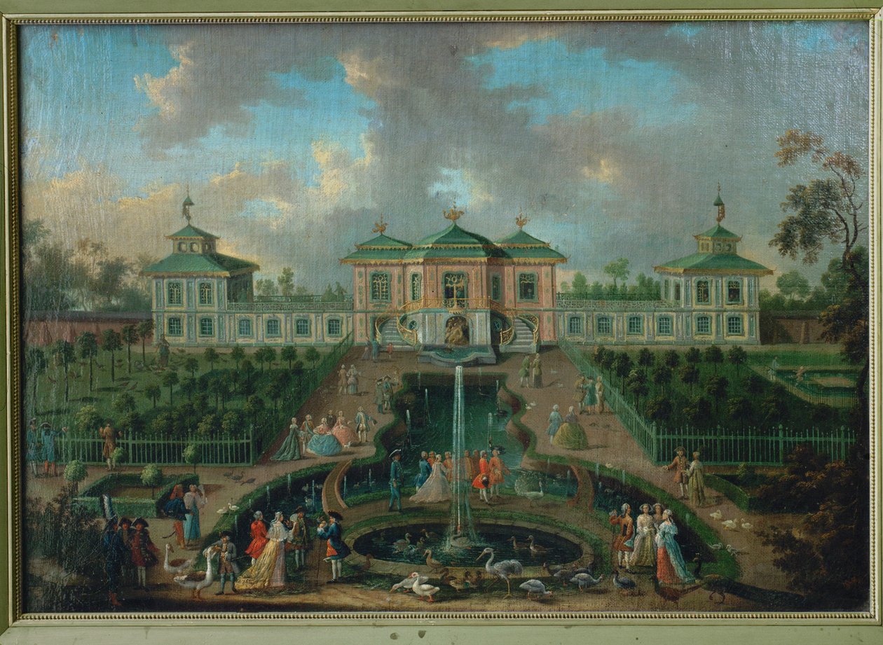 Courtlife in the park of Augustusburg Palace around the Indian House, view from the west by Franz Jakob Rousseau