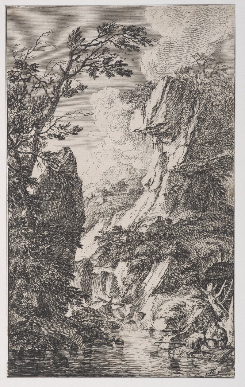 Two Fishermen on the Bank of a Stream at Right, a Waterfall at Center by Franz Joachim Beich