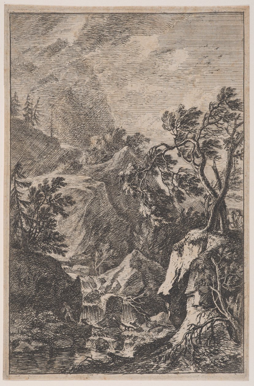 Two Male Figures Standing on a Rock with a Waterfall by Franz Joachim Beich