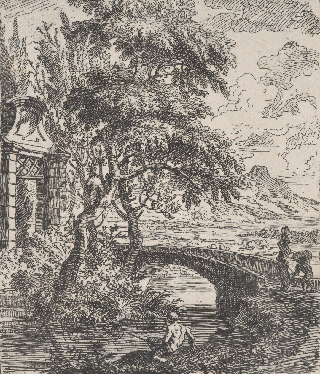 Two figures at right about to cross a stone bridge, a fisherman in the foreground by Franz Joachim Beich