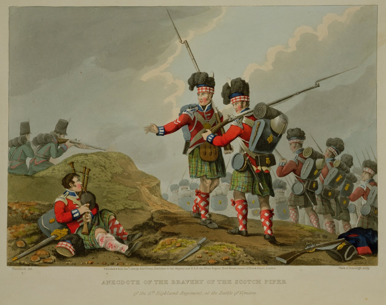 Anecdote of the Bravery of the Scotch Piper of the 11th Highland Regiment at the Battle of Vimiero, Engraved by John Heaviside Clark and Matthew Dubourg from 
