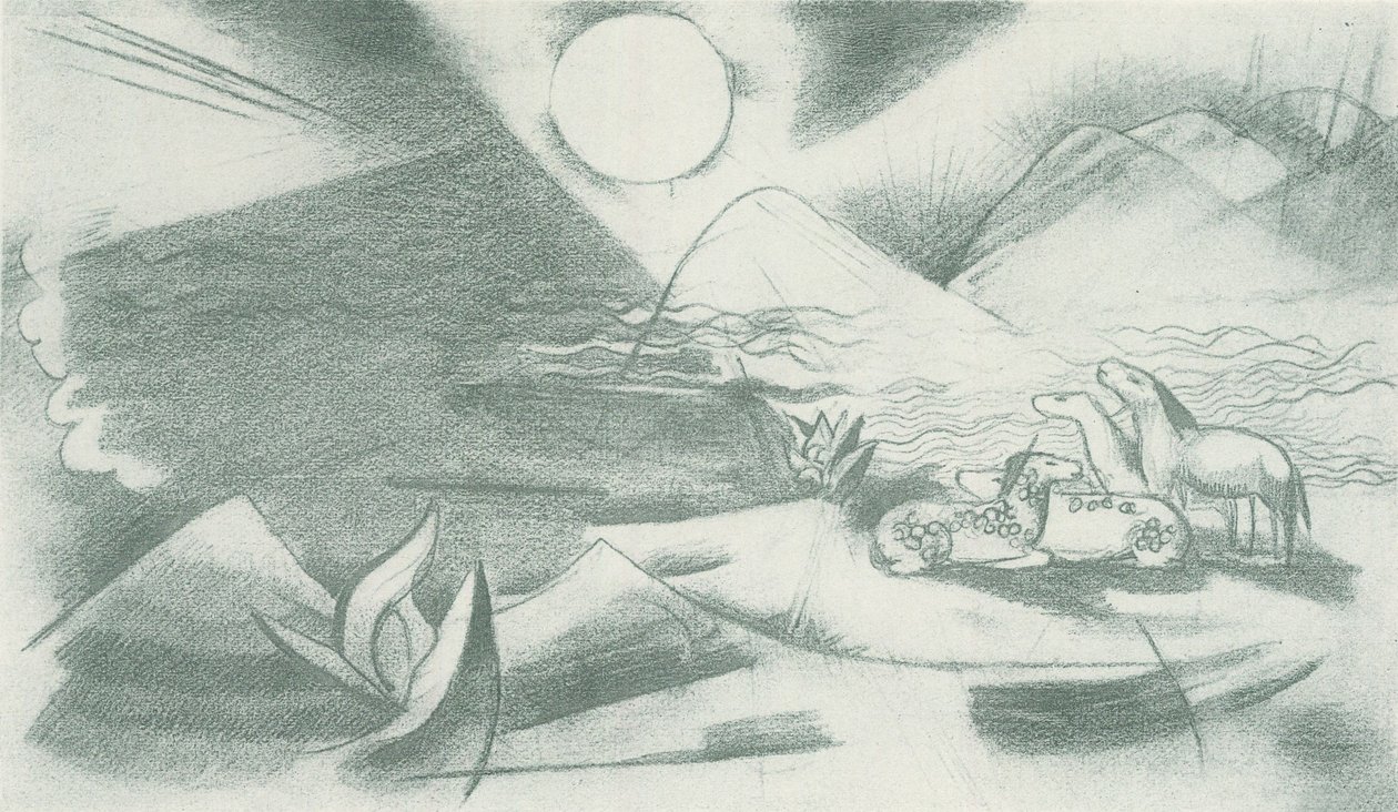 Primeval Landscape with Sun, Mountains, a Group of Horses by Franz Marc