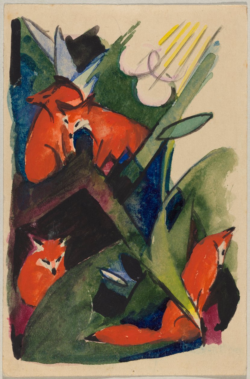 "Four Foxes", Franz Marc from Sindelsdorf to Wassily Kandinsky in Munich: Postcard, Postmark 04.02.1913 by Franz Marc