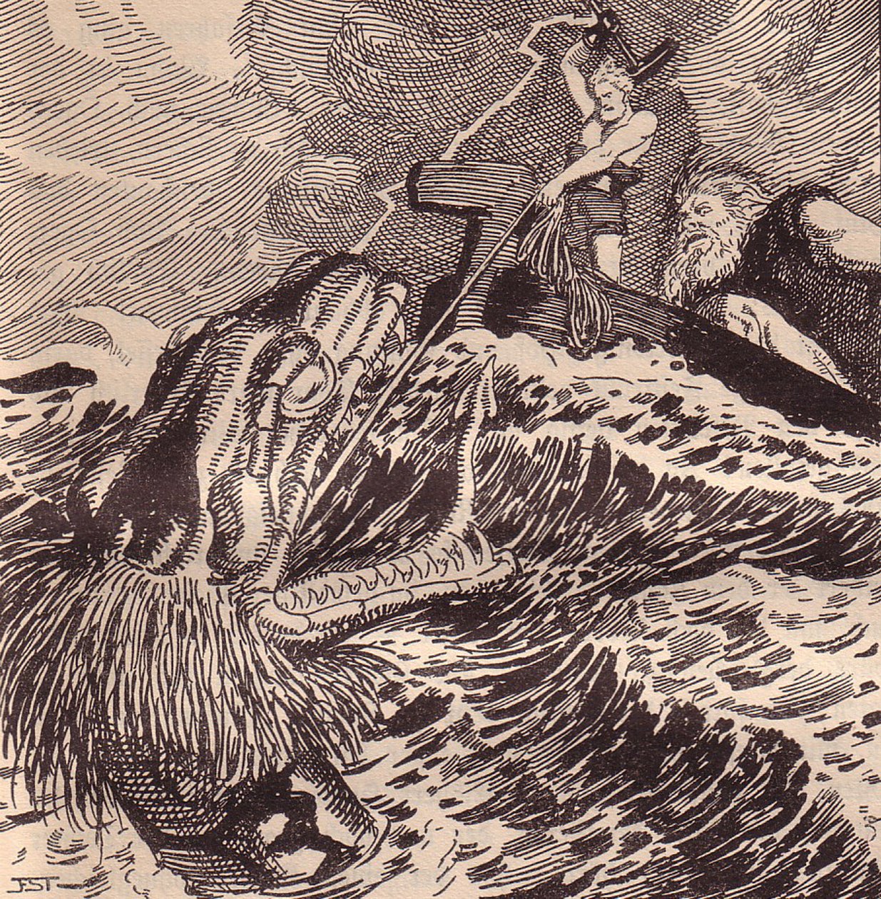 Thor and Hymir Fishing. Illustration for The Edda: Germanic Gods and Heroes by Hans von Wolzogen by Franz Stassen