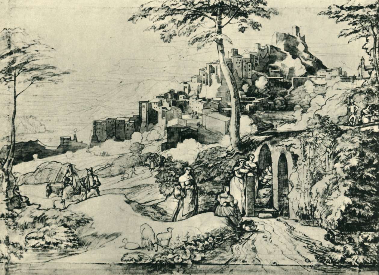 Women by a water fountain at Olevano, near Rome, Italy by Franz Theobald Horny